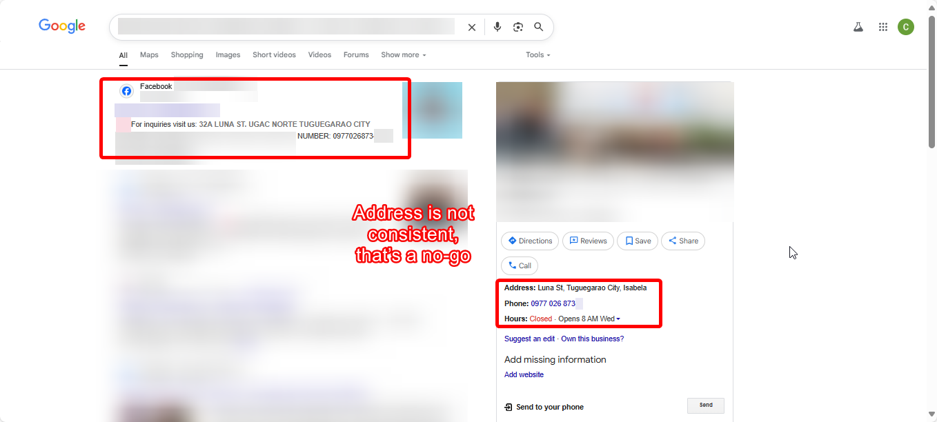 Inconsistent NAP in profile listings (Google, Facebook, Yelp, Bing, etc.)