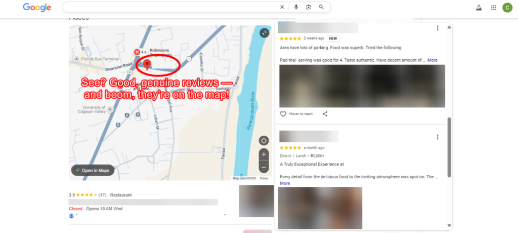 Business showing up in Google Maps because of good and real reviews.