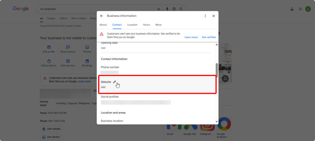 Linking website to your Google Business Profile to appear in Google Maps.