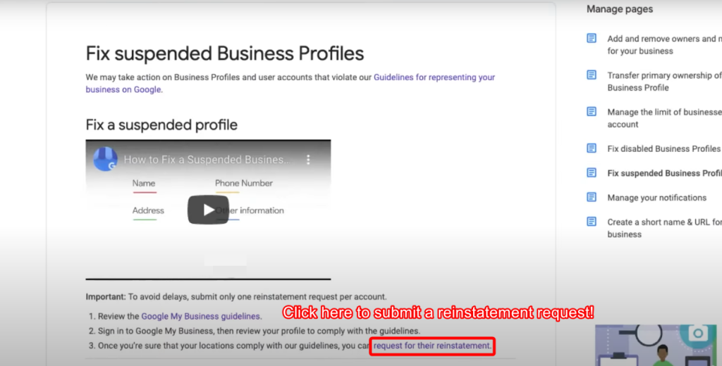 Submit reinstatement request to lift suspension in Google Business Profile.